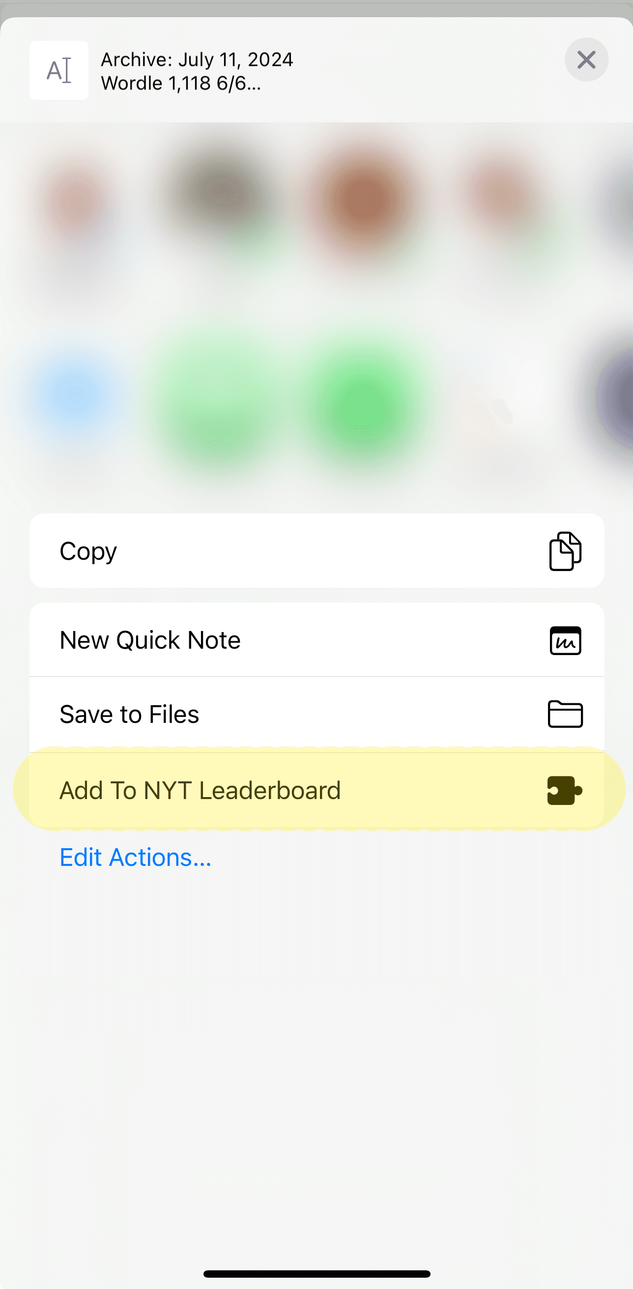 Once the shortcut is installed, you will see the button to share to this app from your share menu in the NYT Games app